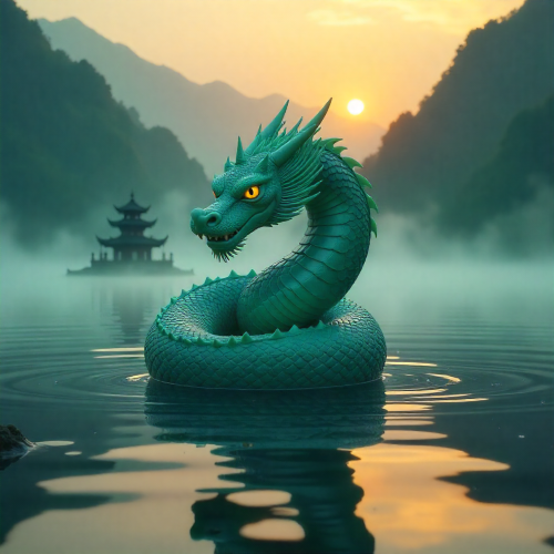 Panlong, the coiling dragon of Chinese mythology, spiraling gracefully around a jade pillar emerging from a mist-covered lake at dawn