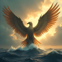 Peng, a colossal mythic bird with wings so vast they blot out clouds, emerging from the sea in a dawn light