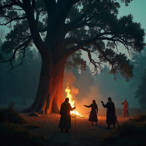 scene of a Perun’s Day celebration in a Slavic forest clearing at dusk.