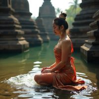Phra Mae Thorani, the Southeast Asian Earth Goddess, kneeling on sacred soil as she wrings a torrent of luminous water from her long black hair