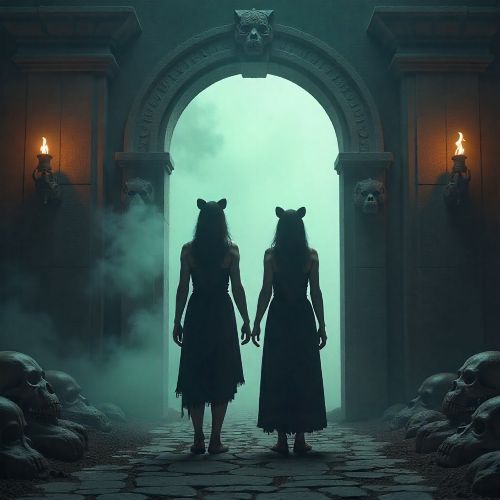 depiction of the Hero Twins, Hunahpu and Xbalanque, standing at the entrance of Xibalba in the Popol Vuh