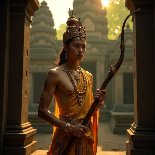 Preah Ream, the Khmer incarnation of Rama, standing in golden royal attire with an ornate mokot crown, serene almond-shaped eyes, and a graceful yet powerful stance.