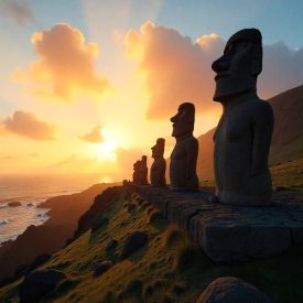 scene on Easter Island during a dramatic sunrise representing Rapa Nui mythology