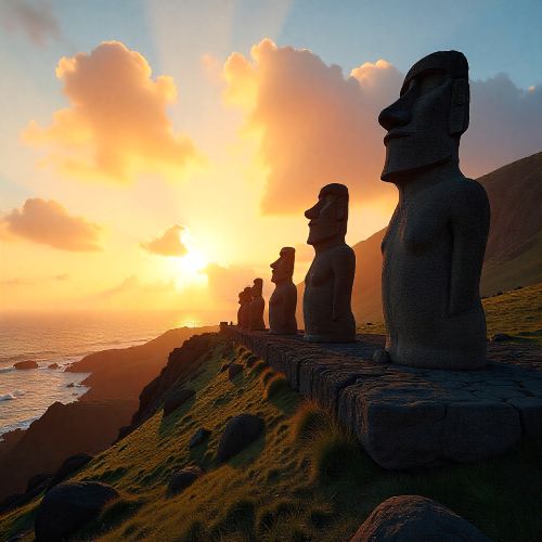 scene on Easter Island during a dramatic sunrise representing Rapa Nui mythology