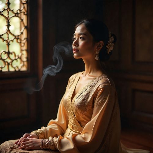 Shanta, the Malay princess from Hikayat Seri Rama, seated in a softly lit royal chamber inspired by classical Malay palaces.