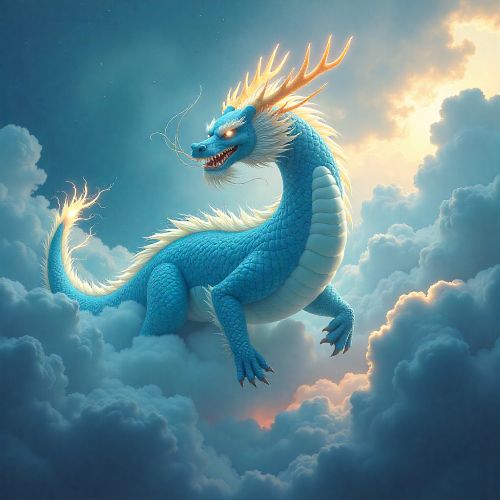 A towering azure Shenlong soaring through storm-filled clouds