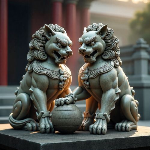a pair of Shishi (Chinese guardian lions) carved from ancient stone