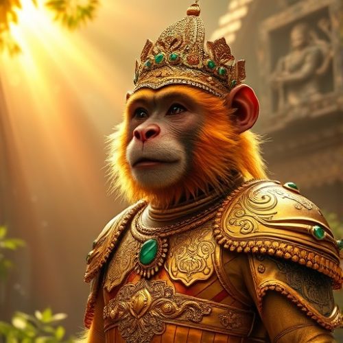 Sukreep, the golden monkey king from Thai mythology. He stands amidst an ancient jungle temple bathed in warm sunlight
