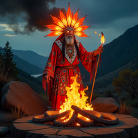 Mythlok - Tatewari Tatewari, the Huichol god of fire, as a radiant elder surrounded by sacred flames in a mountain setting.