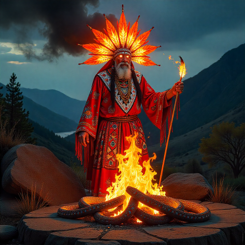 Tatewari, the Huichol god of fire, as a radiant elder surrounded by sacred flames in a mountain setting.