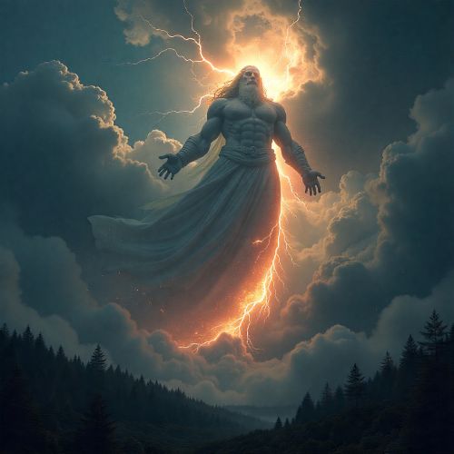 A colossal, sky-dwelling Estonian thunder god Tharapita descending from a storm-filled sky above Saaremaa