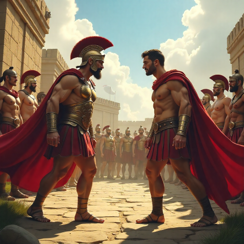 Achilles and Hector facing each other before the walls of Troy under a blood-red sky in the Illiad