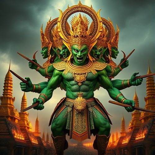 Thotsakan, the demon king of Lanka from Thai mythology, standing amidst the golden spires of Ayutthaya-style architecture.