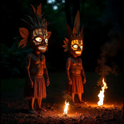 ceremonial scene of Tolai Duk-Duk and Tubuan spirits representing Tolai mythology