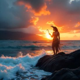 scene of Tonga’s coastline at sunset, waves crashing against volcanic rock representing Tongan mythology