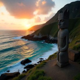 Mythlok - Torres Islands_ coastal scene of the Torres Islands during golden sunset representing Torres islands mythology