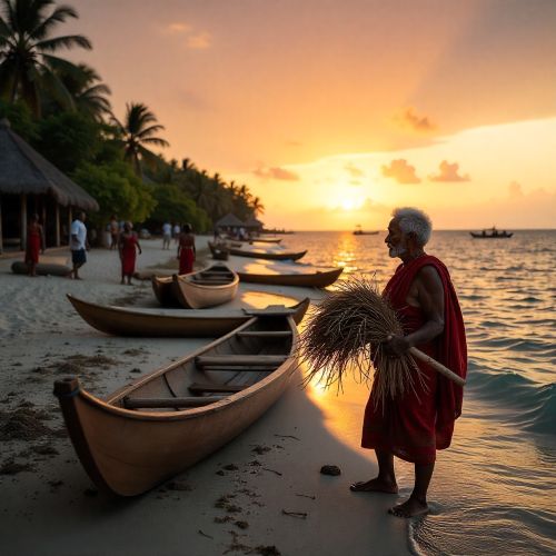 coastal village scene in the Trobriand Islands at sunset representing Trobriand Islanders Mythology