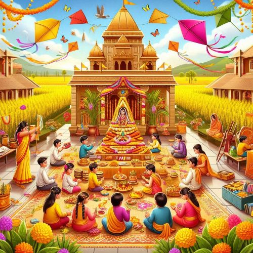 a vibrant Vasant Panchami celebration in an Indian school courtyard.