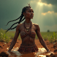 Mythlok - Wanjiru Wanjiru from Kikuyu mythology, emerging from the red-brown earth under a rain-filled sky.