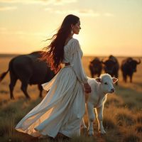Mythlok - White Buffalo Calf Woman White Buffalo Calf Woman, a divine Lakota woman dressed in pristine white buckskin, long black hair flowing, standing on an open prairie