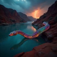 A gigantic iridescent Rainbow Serpent representing Wunggurr