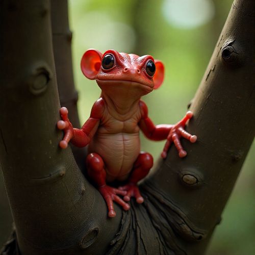 Yara-ma-yha-who, a small red-skinned humanoid perched in the branches of a giant Australian fig tree, with frog-like features, smooth crimson skin, a wide toothless mouth, and suction-cup hands and feet.