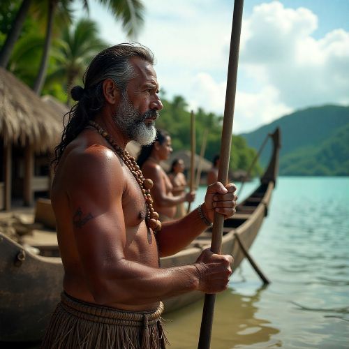 traditional Yapese navigators standing beside stone money (rai)