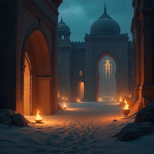 Arabian Nights scene: ancient Middle Eastern desert city at twilight