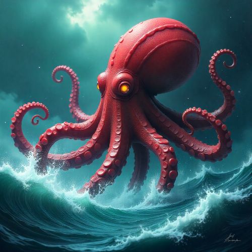Akkorokamui, a colossal crimson octopus deity emerging from the dark waters of Uchiura Bay