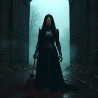 Aminon from Ossetian folklore, a stern female underworld guardian standing before massive iron gates at twilight