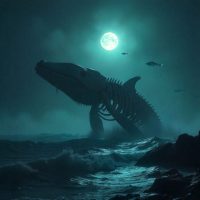 An image of Bakekujira, as a colossal spectral whale skeleton emerging from foggy ocean waters at nigh