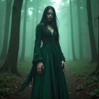 Baobhan Sith, a hauntingly beautiful fairy woman stands in a mist-filled forest clearing, wearing a flowing green medieval dress.