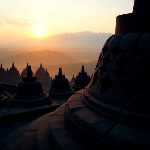 Borobudur Temple at sunrise, mist rolling across the Kedu Plain