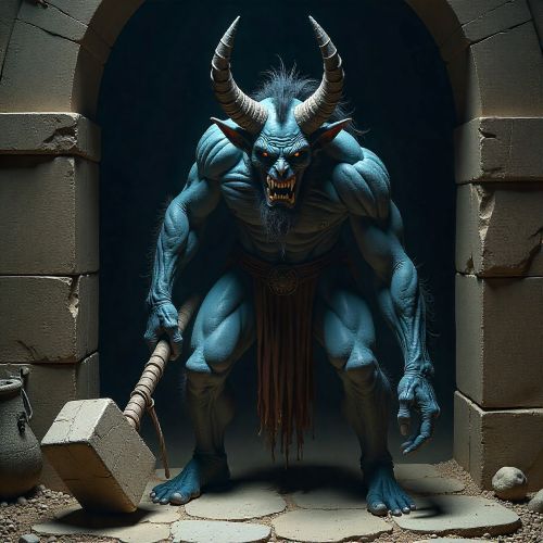 Charun from Etruscan mythology, depicted as a blue-skinned death daemon with a grotesque tusked face