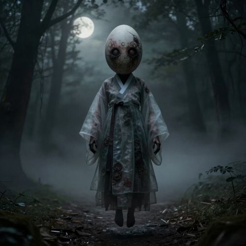 Dalgyal Gwishin, a faceless Korean ghost with a smooth, egg-shaped head and faintly translucent humanoid form