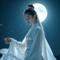 Dalnim, Korean moon goddess standing beneath a glowing full moon