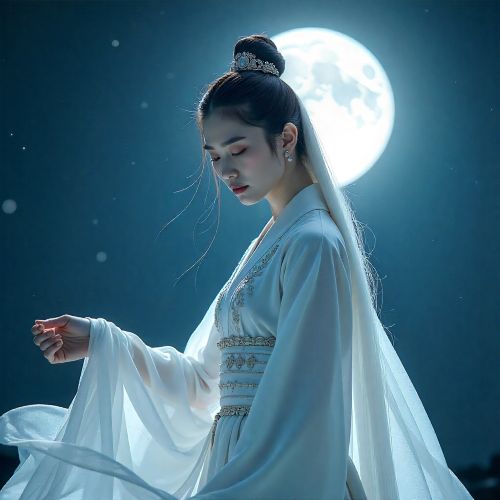 Dalnim, Korean moon goddess standing beneath a glowing full moon