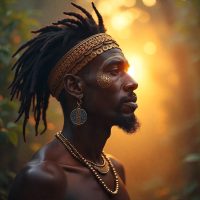 Gbayi as an ethereal figure made of radiant golden light