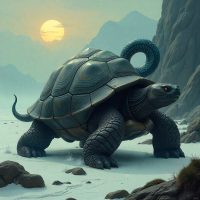 Genbu, colossal black tortoise with an ancient, weathered shell, entwined by a luminous serpentine spirit