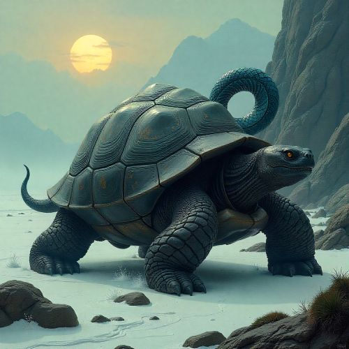 Genbu, colossal black tortoise with an ancient, weathered shell, entwined by a luminous serpentine spirit