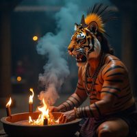 Huli Daiva, the Tiger Spirit of Tulu Nadu, emerging during a Bhuta Kola ritual.