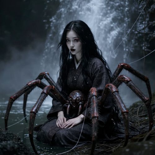 orogumo from Japanese folklore, depicted as a hauntingly beautiful woman with long black hair