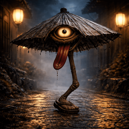Kasa-Obake, a haunted Japanese paper umbrella spirit hopping on a single wooden sandal