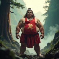 Kintaro as a divine child hero. He appears youthful yet powerfully built, with subtle supernatural strength visible in his posture