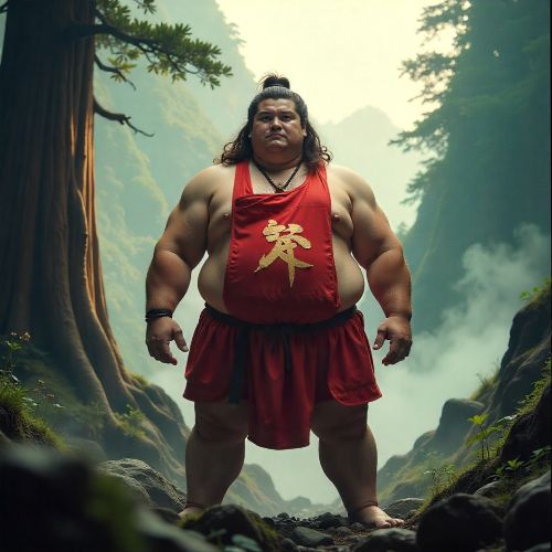 Kintaro as a divine child hero. He appears youthful yet powerfully built, with subtle supernatural strength visible in his posture