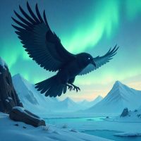 Chukchi creator Raven deity named Kuutkh soaring over the icy tundra of Chukotka,