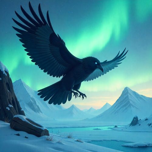 Chukchi creator Raven deity named Kuutkh soaring over the icy tundra of Chukotka,
