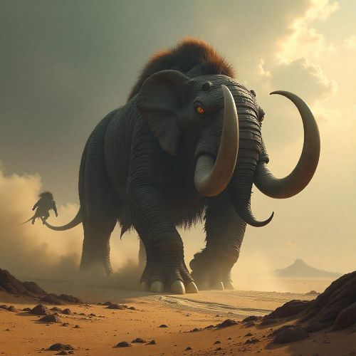 A colossal Liqimsa monster from Borana Oromo mythology stands in the Ethiopian highlands