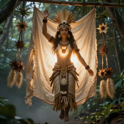 Manana Take, the Rapa Nui sky goddess, portrayed as a divine Polynesian woman radiating unmistakable godhood.