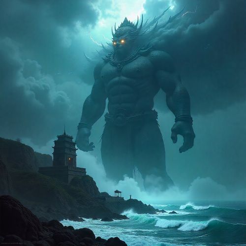 Nahn Sapwe as a towering storm deity above the stone ruins of Nan Madol